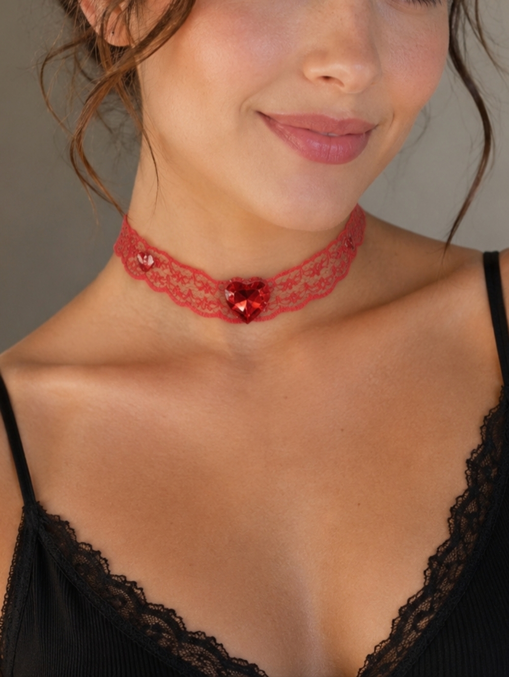 Elegant Red Lace Choker Necklace  With Heart Gems